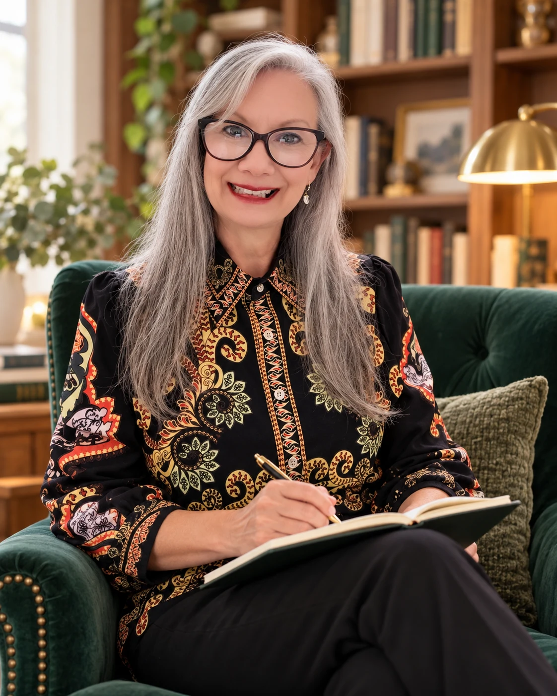 Madelaine Gomes seated in a study with a notebook